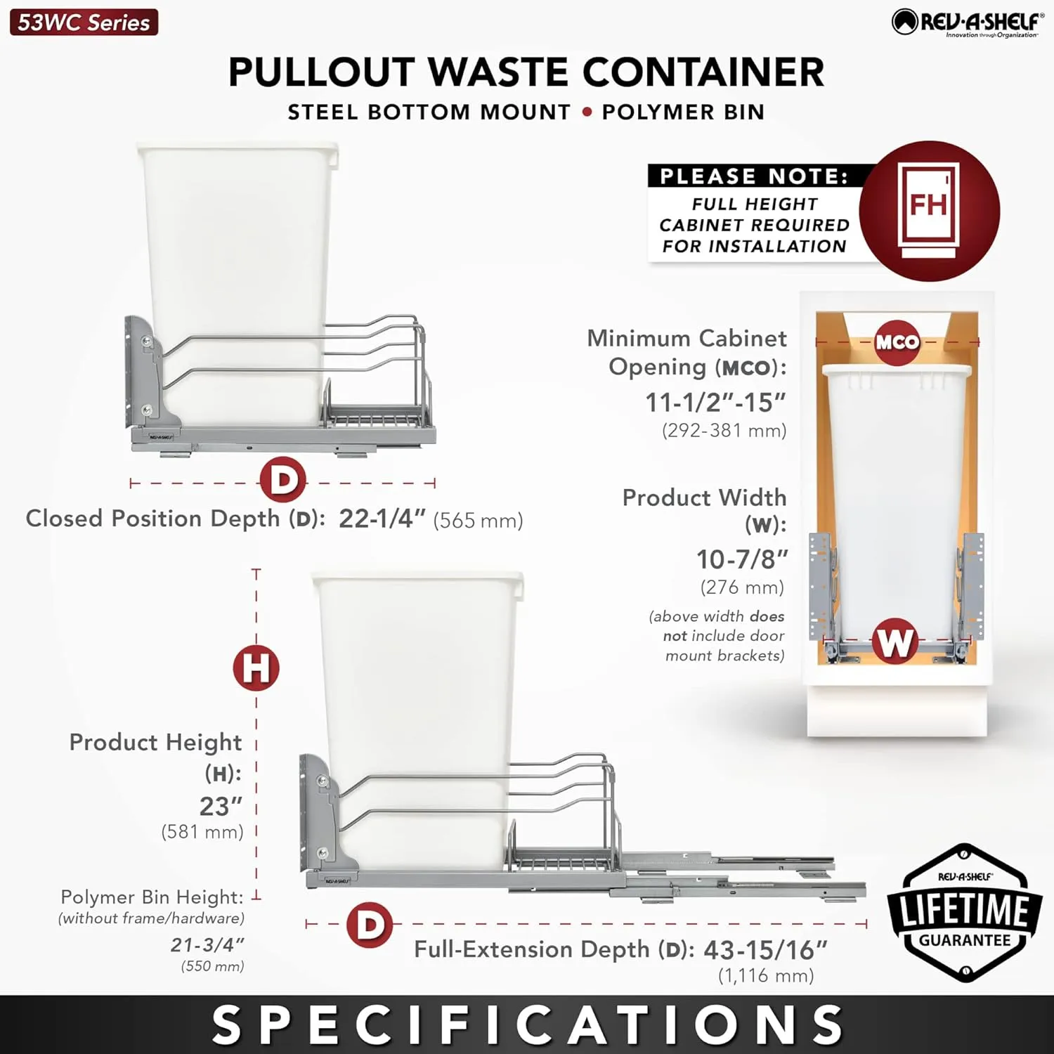 Rev-A-Shelf Pullout Trash Can for Full-Height Kitchen Cabinets 50 Quart 12.5 Gallon with Soft-Close Slides and Storage, Silver, 53WC-1550SCDM-117