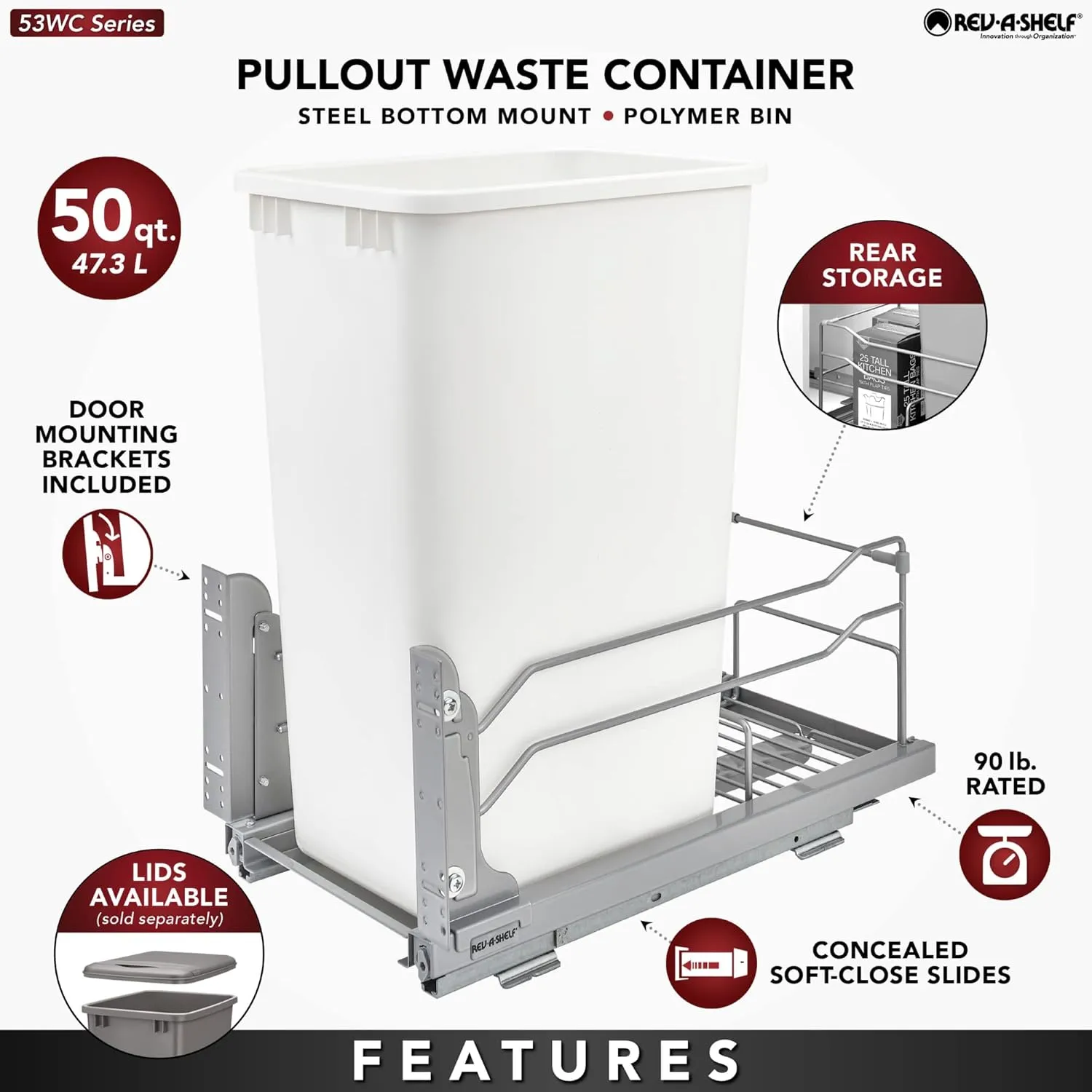 Rev-A-Shelf Pullout Trash Can for Full-Height Kitchen Cabinets 50 Quart 12.5 Gallon with Soft-Close Slides and Storage, Silver, 53WC-1550SCDM-117