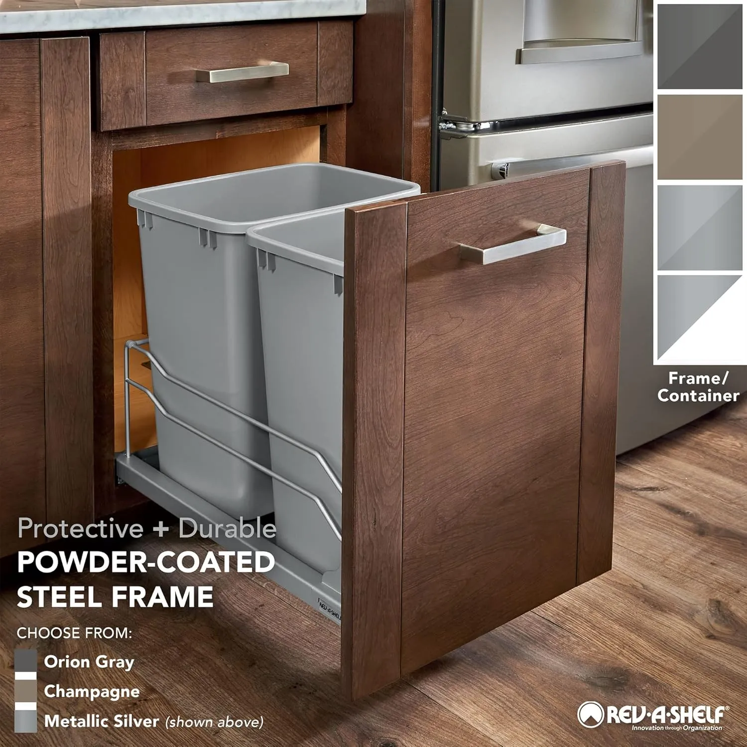 Rev-A-Shelf Pullout Trash Can for Full-Height Kitchen Cabinets 50 Quart 12.5 Gallon with Soft-Close Slides and Storage, Silver, 53WC-1550SCDM-117