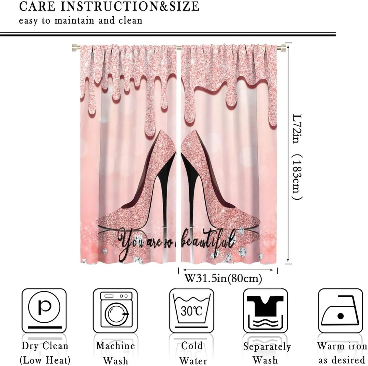 Rose Gold High Heels Blackout Curtains for Bedroom - Modern Fashion Lady Makeup Theme Drips Diamond Glitter Print Window Drapes,Rod Pocket Room Darkening Curtains 2 Panels 72L x 31.5W