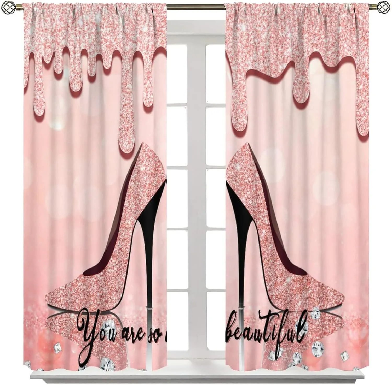 Rose Gold High Heels Blackout Curtains for Bedroom - Modern Fashion Lady Makeup Theme Drips Diamond Glitter Print Window Drapes,Rod Pocket Room Darkening Curtains 2 Panels 72L x 31.5W