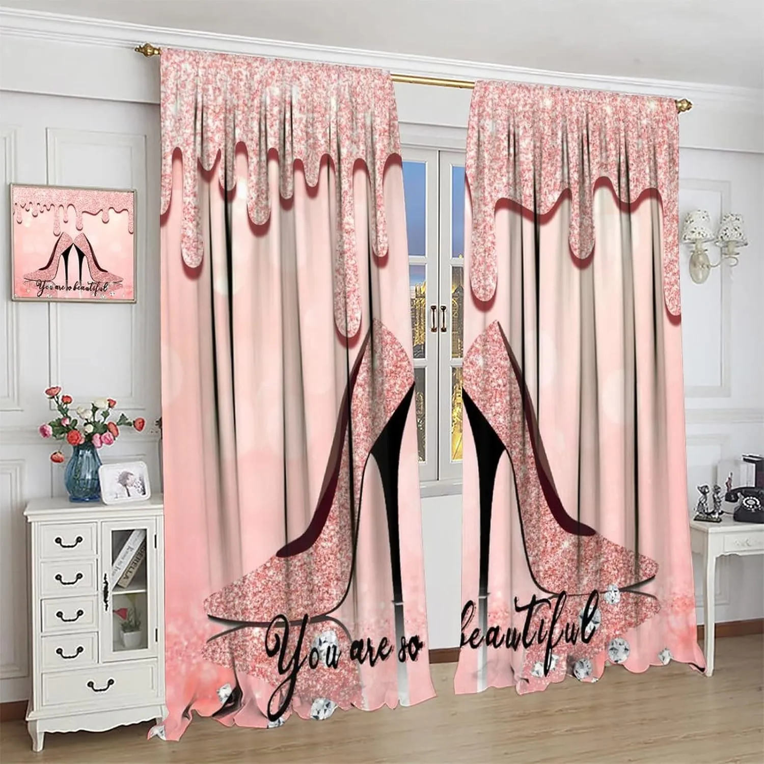Rose Gold High Heels Blackout Curtains for Bedroom - Modern Fashion Lady Makeup Theme Drips Diamond Glitter Print Window Drapes,Rod Pocket Room Darkening Curtains 2 Panels 72L x 31.5W