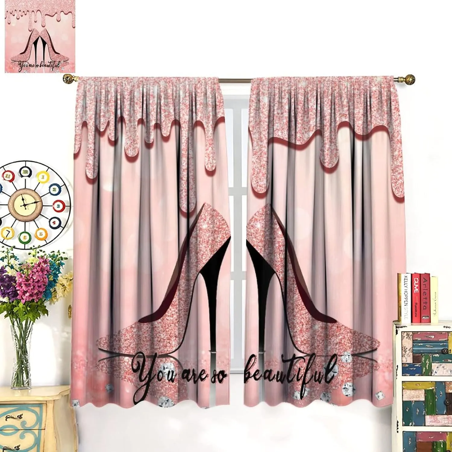 Rose Gold High Heels Blackout Curtains for Bedroom - Modern Fashion Lady Makeup Theme Drips Diamond Glitter Print Window Drapes,Rod Pocket Room Darkening Curtains 2 Panels 72L x 31.5W