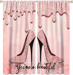 Rose Gold High Heels Blackout Curtains for Bedroom - Modern Fashion Lady Makeup Theme Drips Diamond Glitter Print Window Drapes,Rod Pocket Room Darkening Curtains 2 Panels 72L x 31.5W