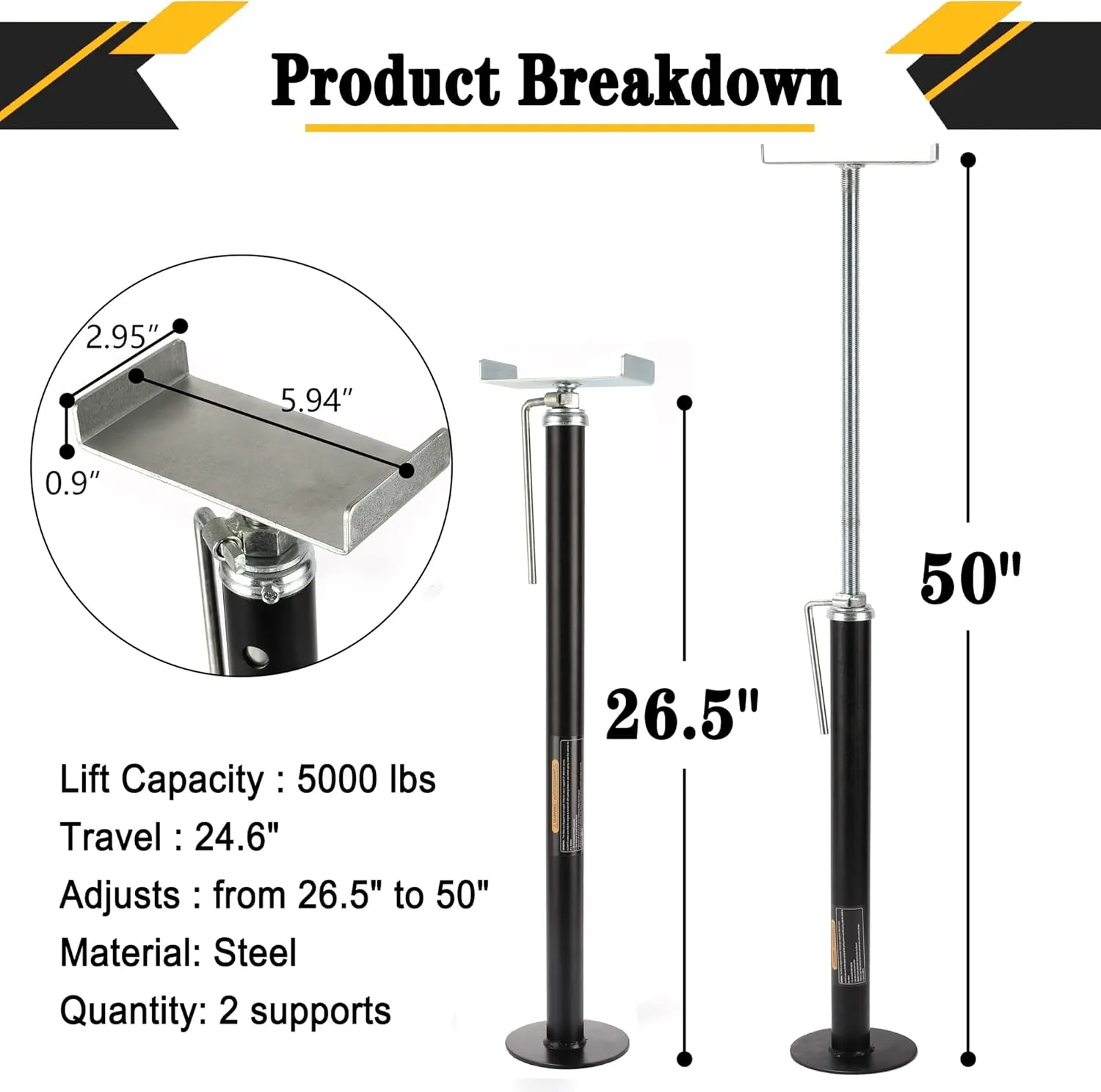 RV Slide Out Support Trailer Stabilizer Jacks, RV Camper Accessories for Travel Trailers - 26.5" to 50" - 5000 Lbs Each - Pack of 2