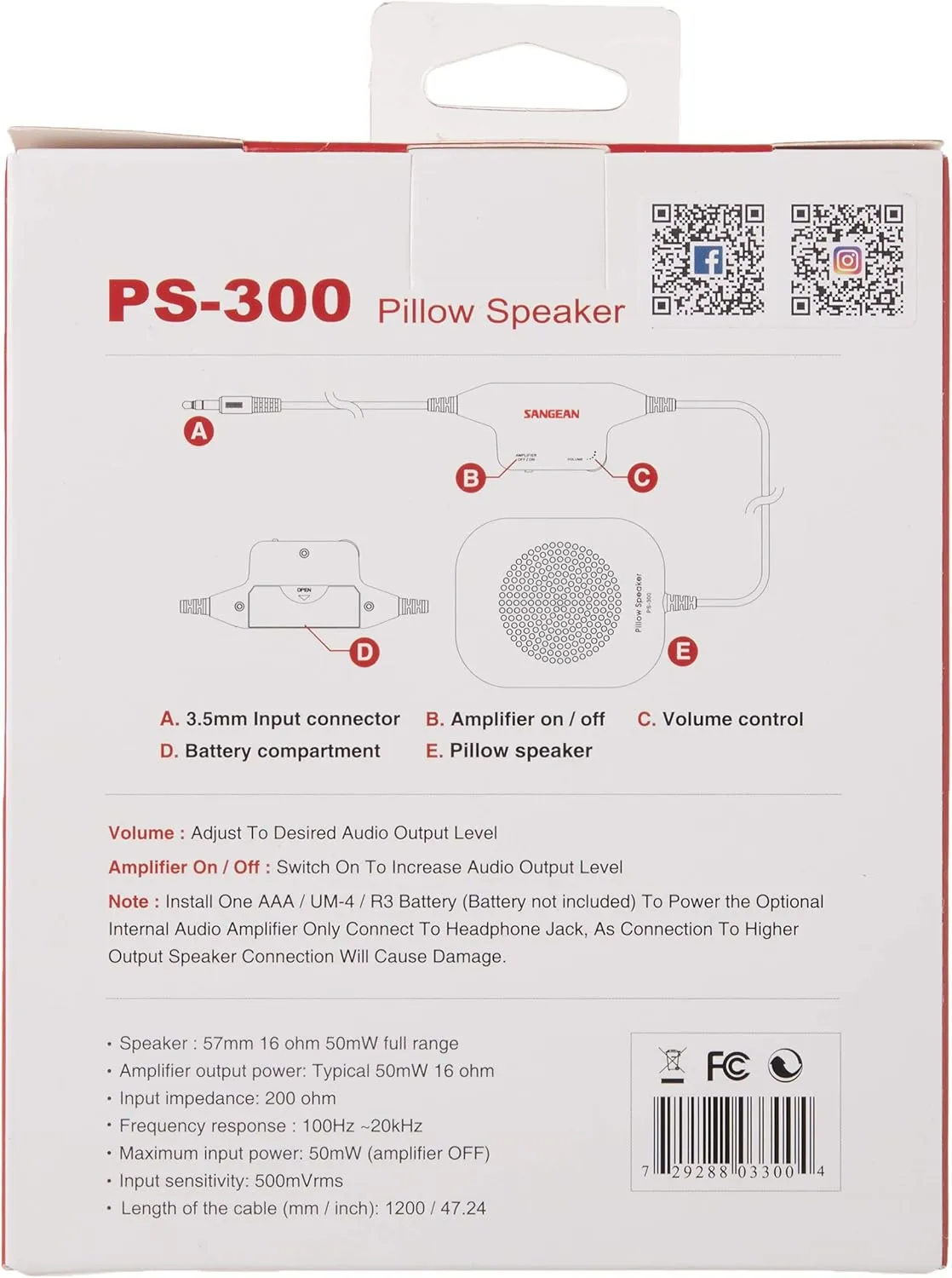 Sangean PS-300 Pillow Speaker with in-line Volume Control and Amplifier (White)