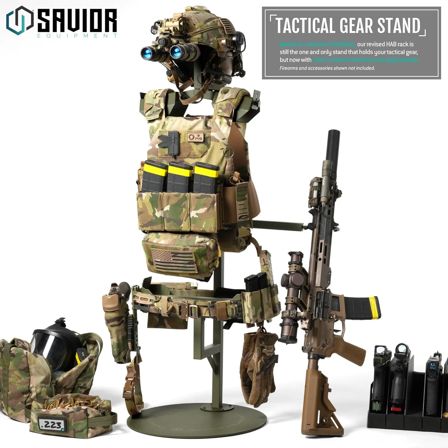 Savior Equipment H.A.B Tactical Gear Stand Helmet Vest Belt Display Rack, Military Gear Holder Plate Carrier Indoor Home Garage Free-Standing Organizer, Heavy Duty Steel Construction Hold Up To 70 lbs