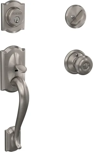 Schlage F60 V CAM 619 GEO Camelot Front Entry Handleset with Georgian Knob, Deadbolt Keyed 1 Side, Satin Nickel