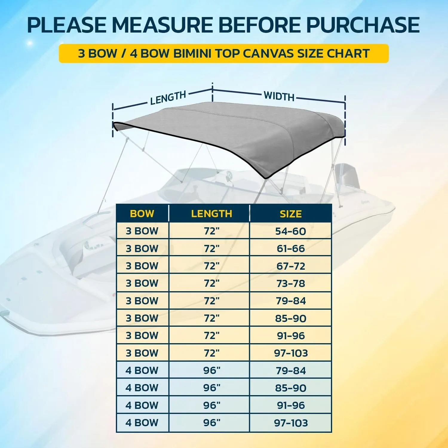 Seal Skin Covers 3 Bow / 4 Bow Bimini Top Replacement Cover, Marine Grade 600D Waterproof Canvas Boat Canopy Sun Shade Without Frame