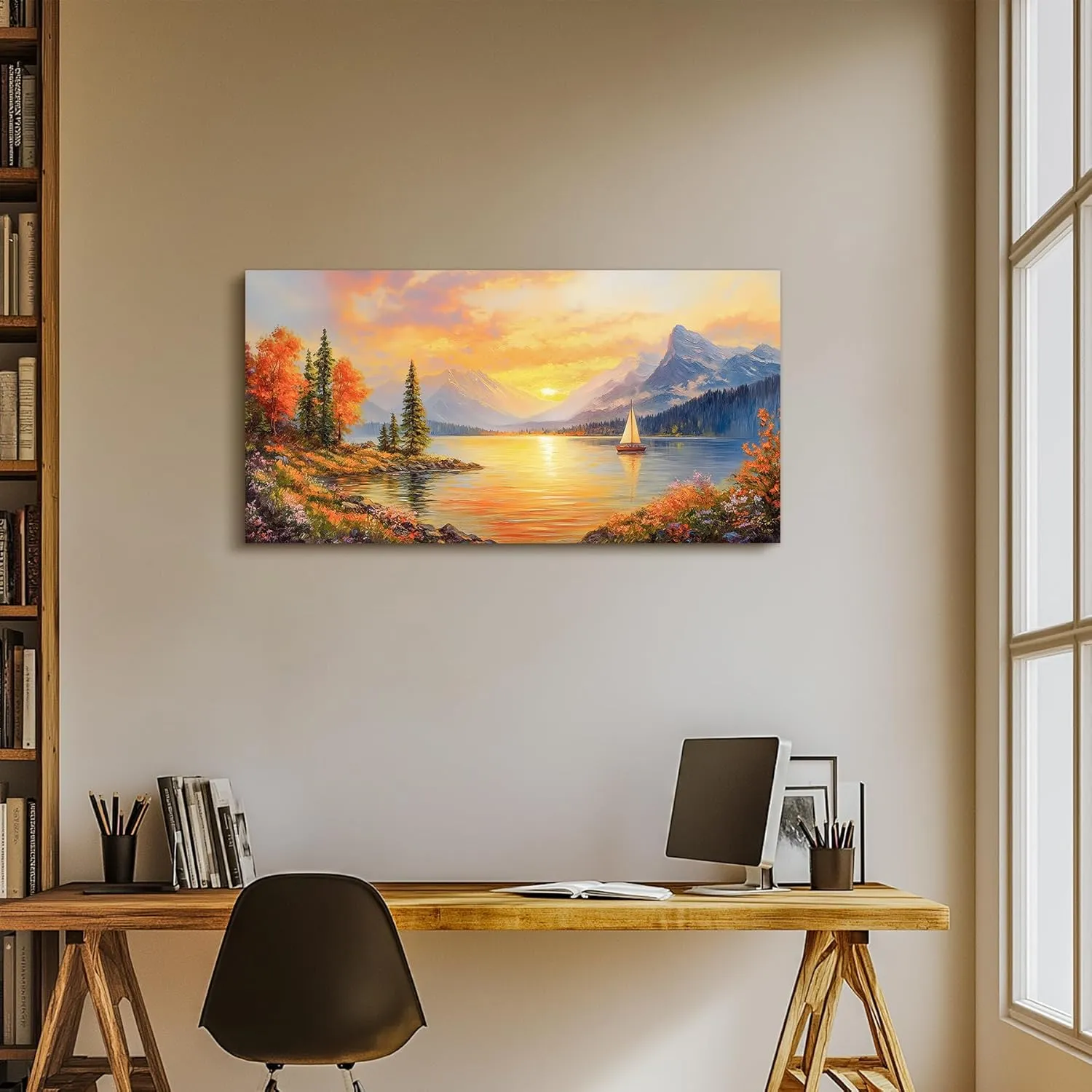 SERIMINO Sunset Landscape Large Wall Art, Mountain Lake Scenic Canvas Prints, Country Nature Scenery Artwork for Walls, Aesthetic Paintings Wall Decor Living Room Bedroom, Rustic Home Decor 20"X40"
