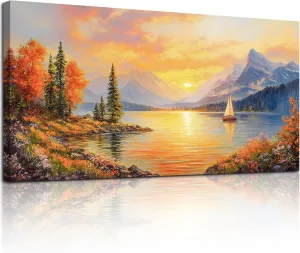 SERIMINO Sunset Landscape Large Wall Art, Mountain Lake Scenic Canvas Prints, Country Nature Scenery Artwork for Walls, Aesthetic Paintings Wall Decor Living Room Bedroom, Rustic Home Decor 20"X40"