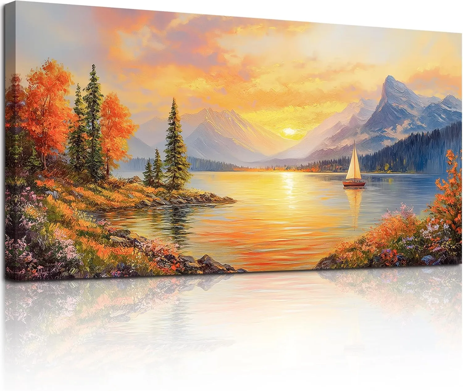 SERIMINO Sunset Landscape Large Wall Art, Mountain Lake Scenic Canvas Prints, Country Nature Scenery Artwork for Walls, Aesthetic Paintings Wall Decor Living Room Bedroom, Rustic Home Decor 20"X40"