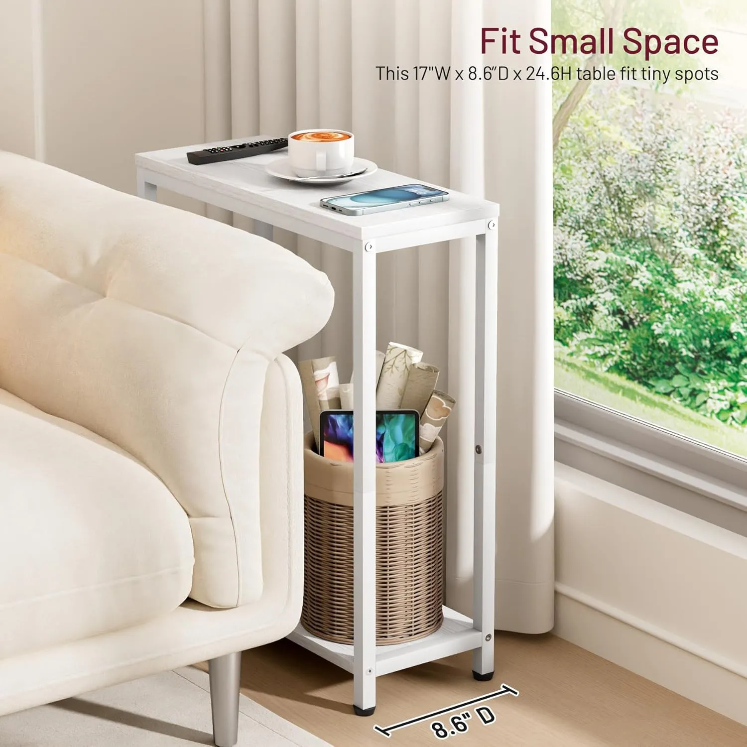 SLEEPING LAMB Narrow Small Side Table for Small Space, 2 Tier Sofa Skinny End Table for Living Room, Bedroom Beside Slim Nightstand, White