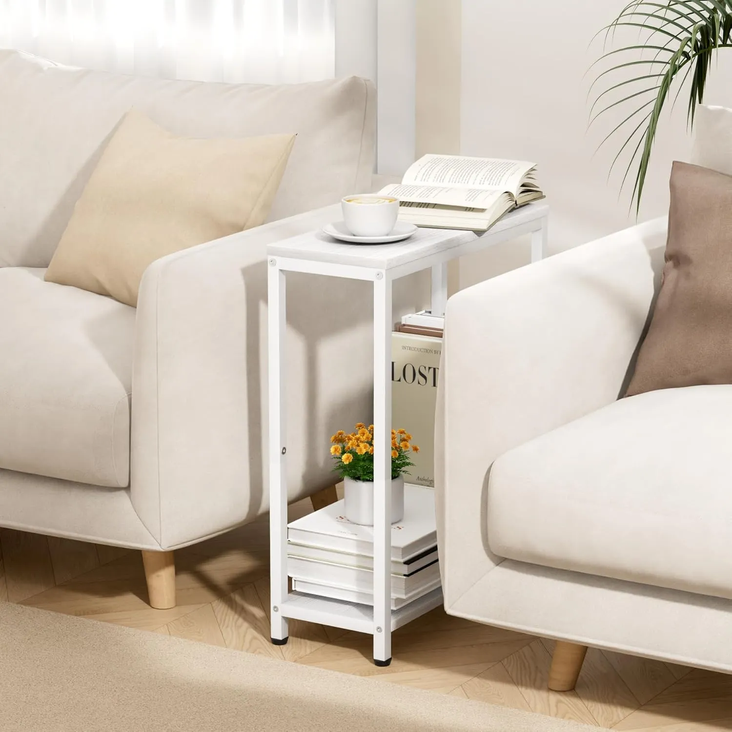 SLEEPING LAMB Narrow Small Side Table for Small Space, 2 Tier Sofa Skinny End Table for Living Room, Bedroom Beside Slim Nightstand, White