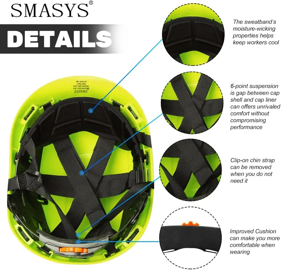 SMASYS Safety Hard Hat ABS Helmet Adjustable with Visor 6-Point Suspension Perfect for Construction and Climbing