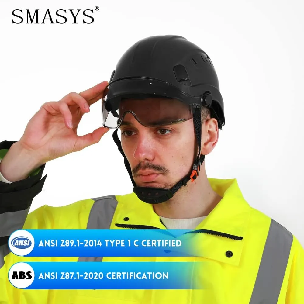 SMASYS Safety Hard Hat ABS Helmet Adjustable with Visor 6-Point Suspension Perfect for Construction and Climbing