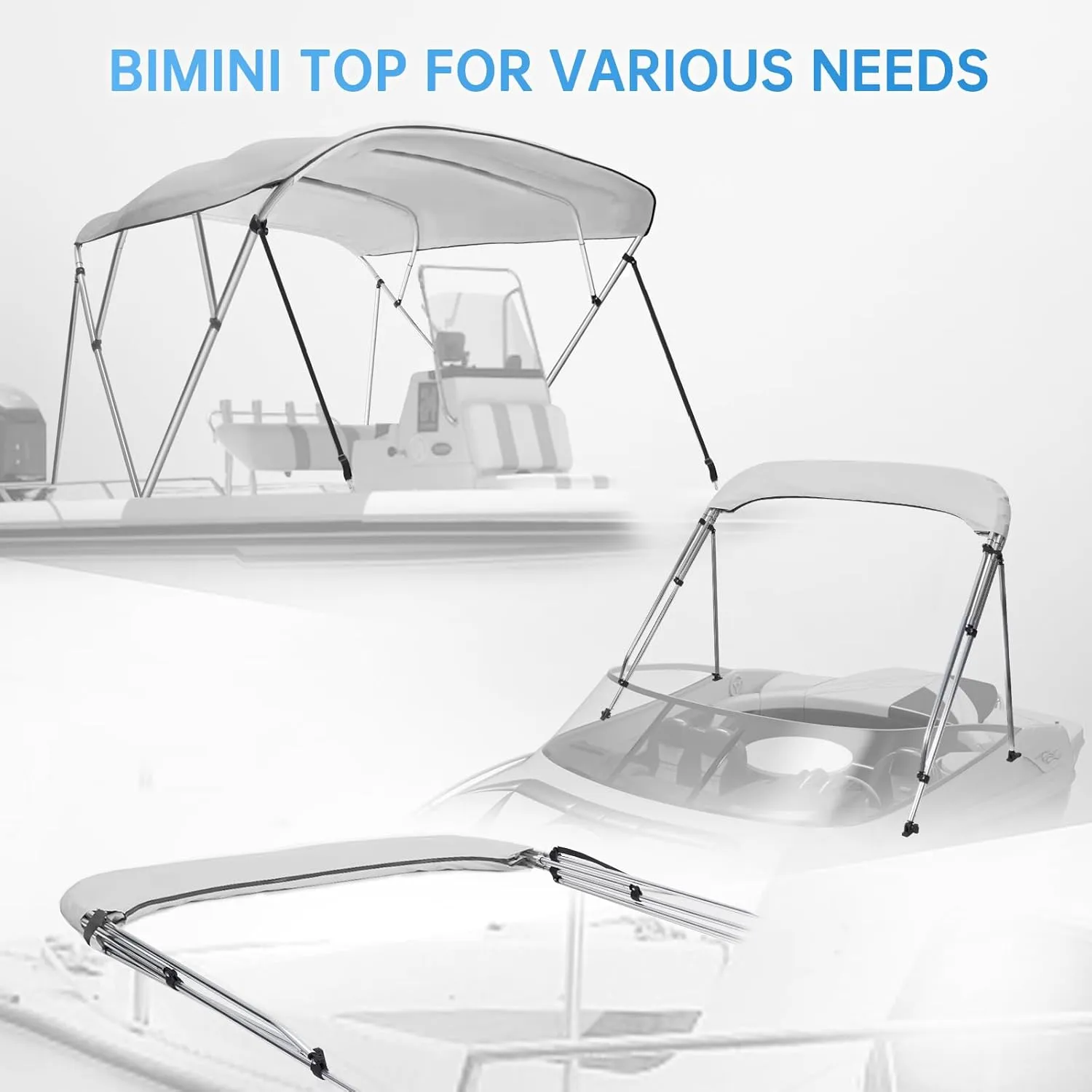 Solim 4 Bow Bimini Top Cover with 1" Aluminum Frame, 1200D Waterproof Oxford Marine Grade Canvas, Sun Shade Boat Canopy with Storage Boot, 2 Rear Support Poles, 4 Straps, Bimini Top for Boat, Gray