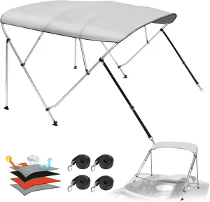 Solim 4 Bow Bimini Top Cover with 1" Aluminum Frame, 1200D Waterproof Oxford Marine Grade Canvas, Sun Shade Boat Canopy with Storage Boot, 2 Rear Support Poles, 4 Straps, Bimini Top for Boat, Gray