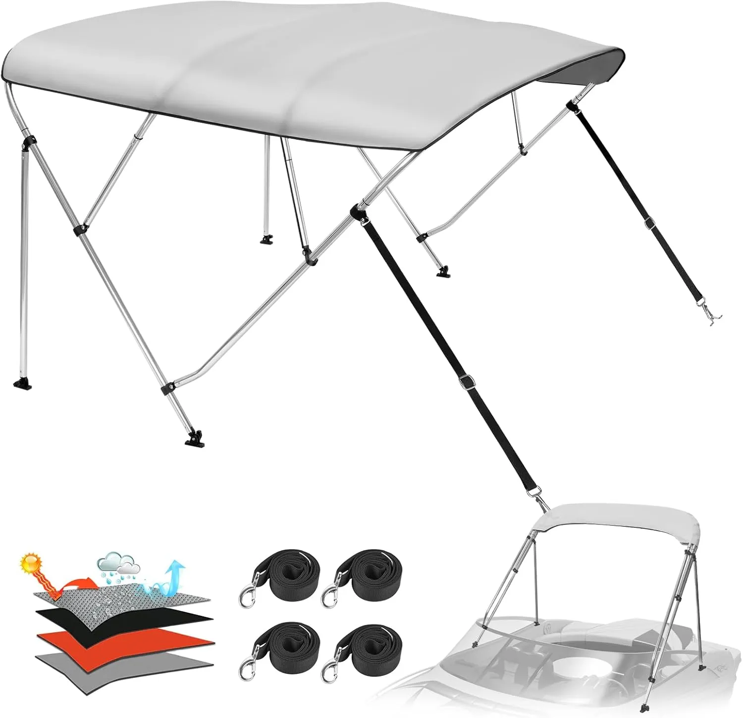 Solim 4 Bow Bimini Top Cover with 1" Aluminum Frame, 1200D Waterproof Oxford Marine Grade Canvas, Sun Shade Boat Canopy with Storage Boot, 2 Rear Support Poles, 4 Straps, Bimini Top for Boat, Gray