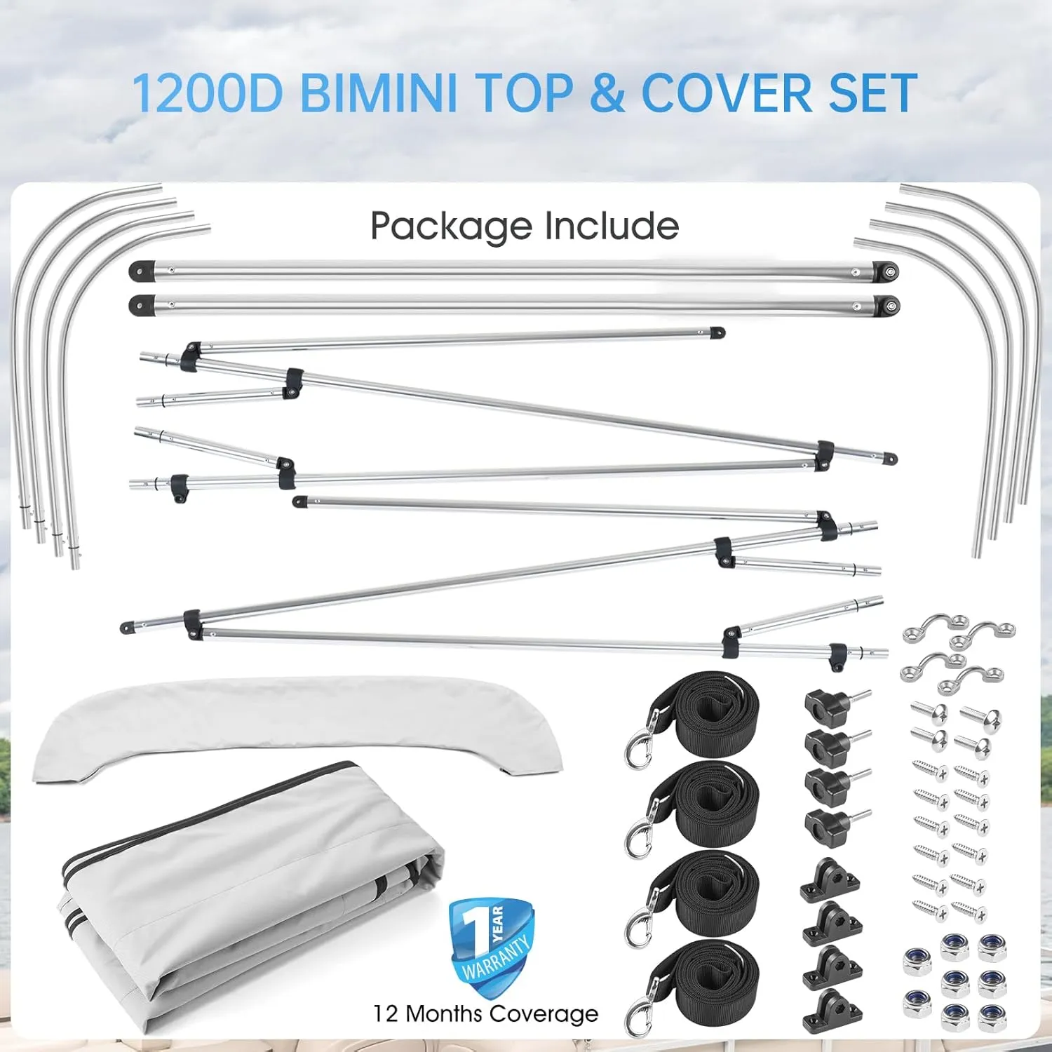 Solim 4 Bow Bimini Top Cover with 1" Aluminum Frame, 1200D Waterproof Oxford Marine Grade Canvas, Sun Shade Boat Canopy with Storage Boot, 2 Rear Support Poles, 4 Straps, Bimini Top for Boat, Gray