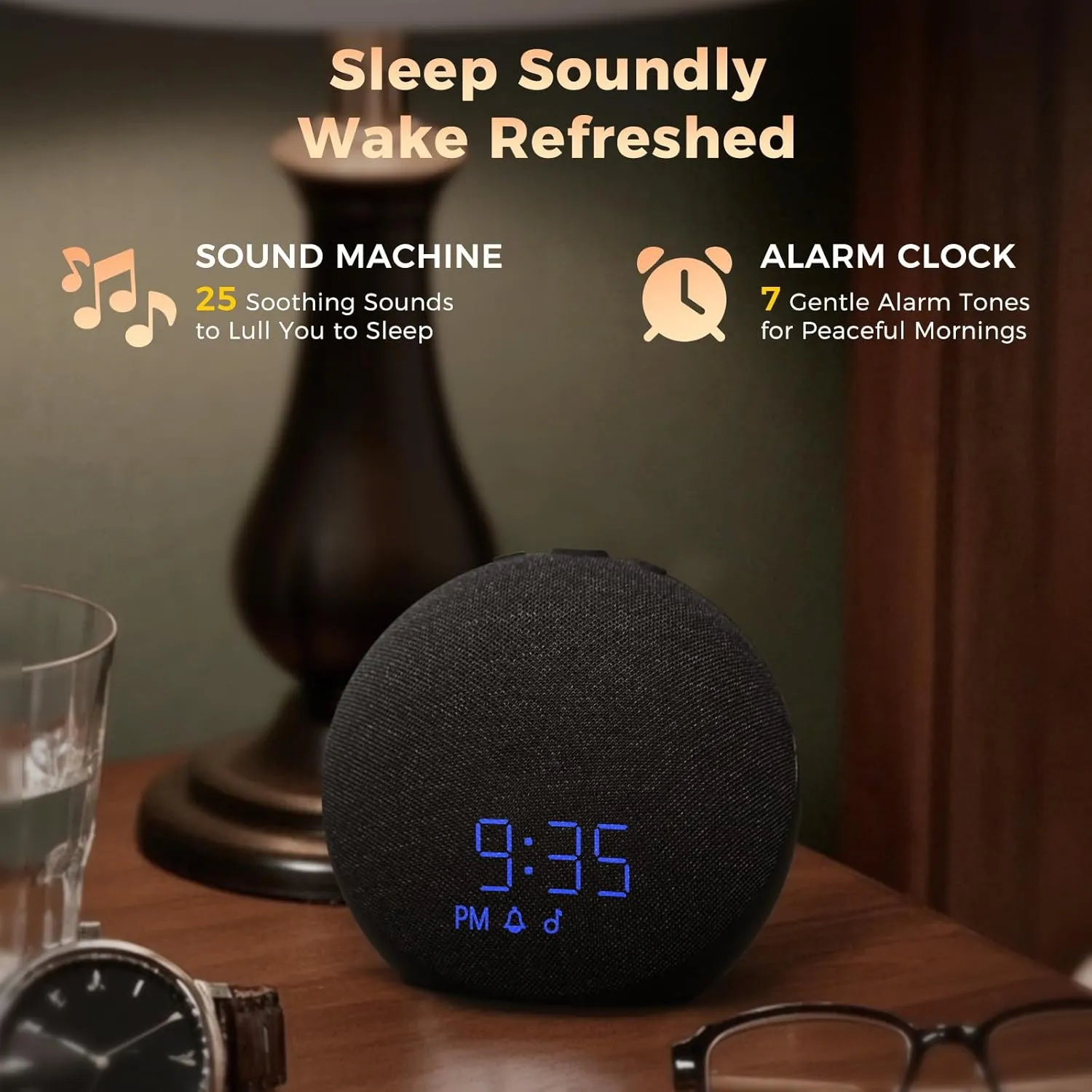 Sound Machine Alarm Clock for Bedroom: Dimmable Clock with Bluetooth Speaker - White Noise Machine for Baby Adults Kids Sleeping - Black