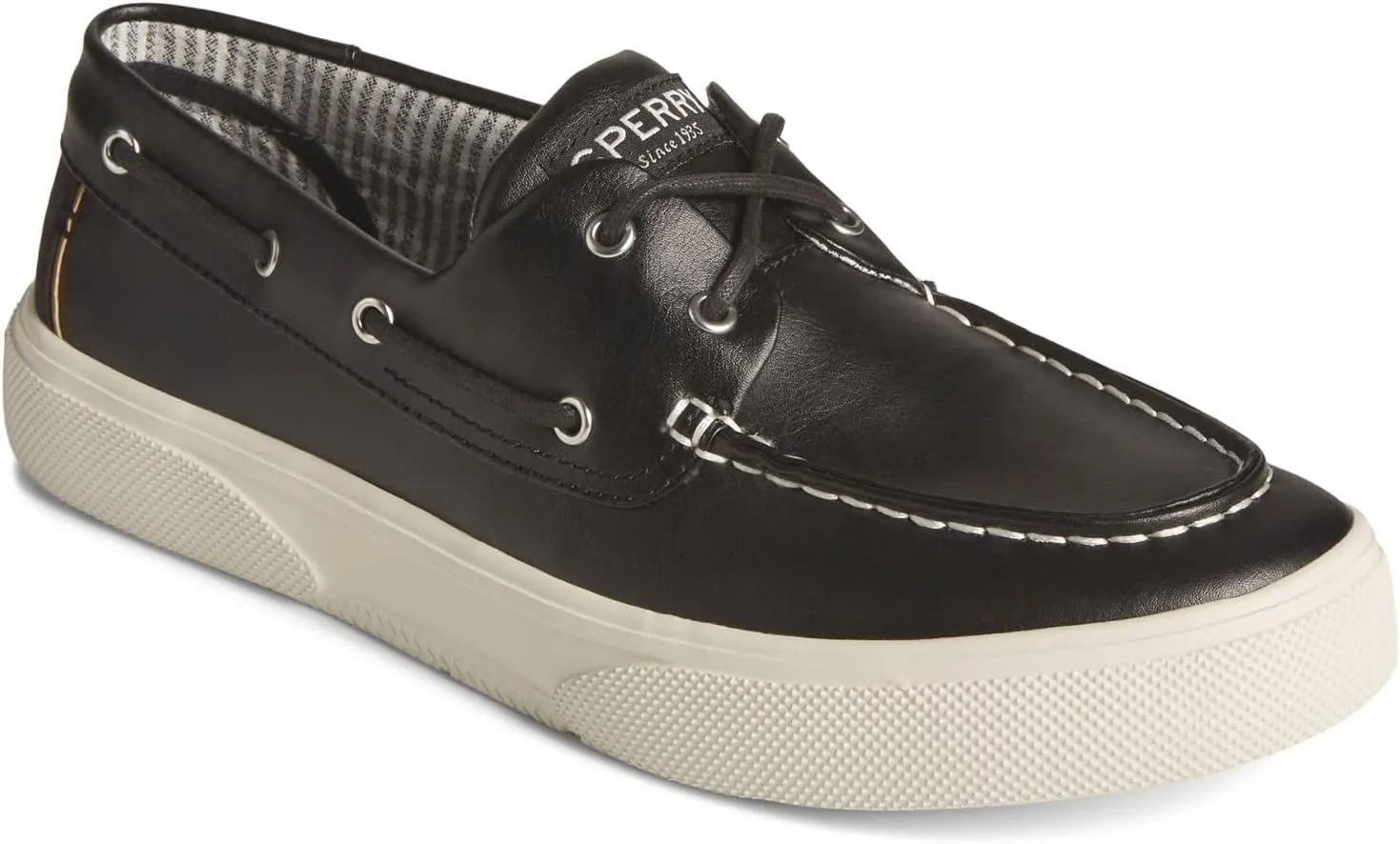 Sperry Mens Halyard 2-Eye Lace-Up Faux Leather Boat Shoes Black 10 Wide (E)