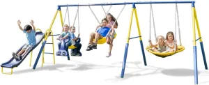 Sportspower Super Star Outdoor Kids Metal Swing Set: 2 Swings, 1 Flying Saucer, 1 Glider, 1 Wavy Slide - Exceeds ASTM Standards