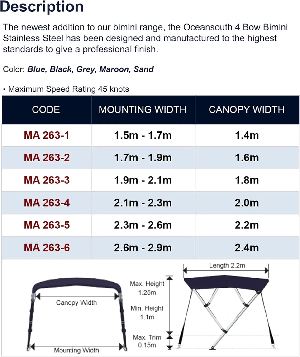 Stainless Steel 4 Bow Biminii 25mm 316 Tube Heavy-Duty Boat-Cover Top Canopy Water Sun Proof UV Protection Blue (Color : 2.6m 2.9m Blue)