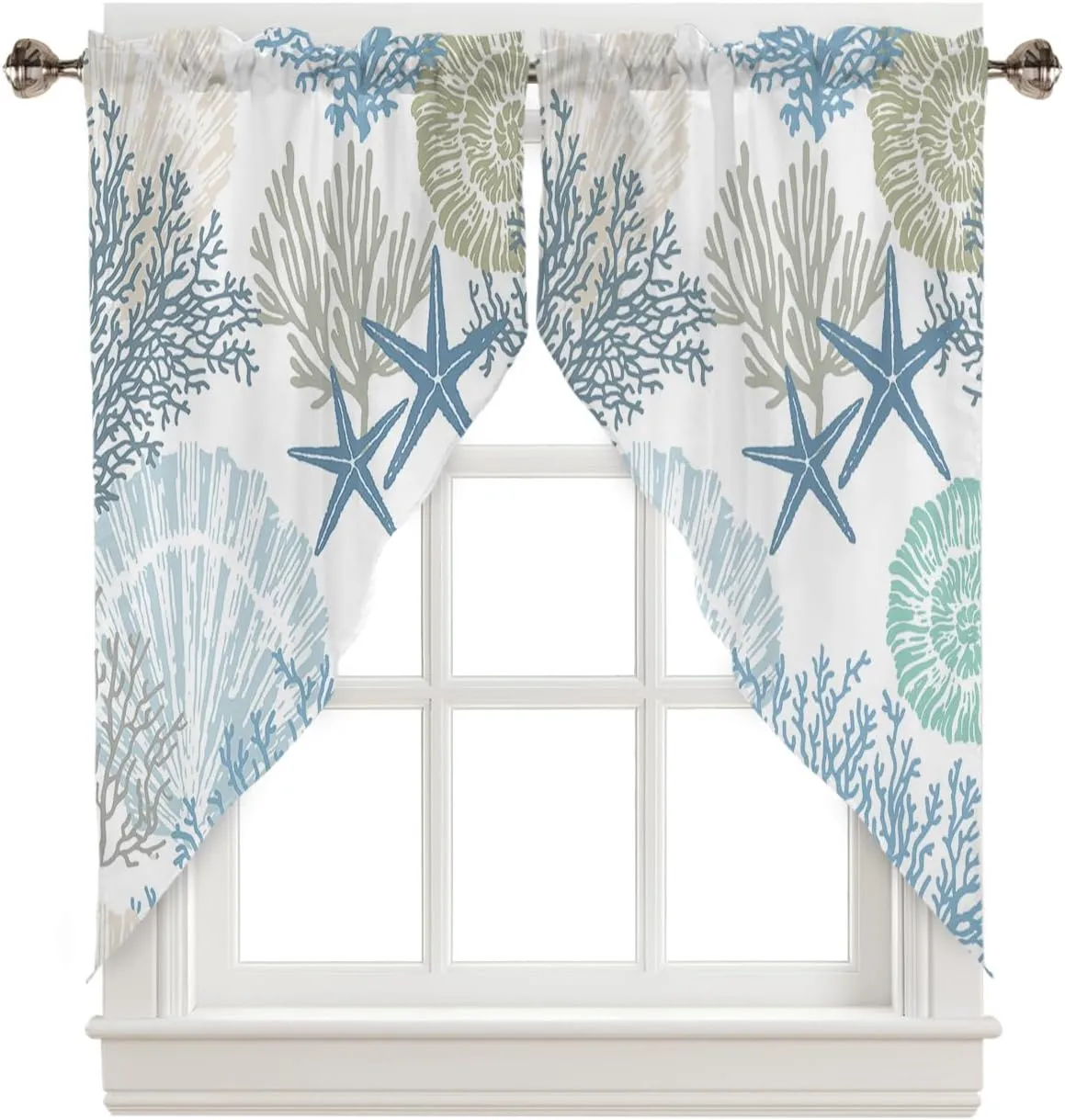 Swag Curtain,Ocean Theme Coral Shell Starfish Kitchen Valances Rod Pocket Curtains Tier Pair Swag Topper,Teal Blue Marine Sealife 2 Panels Window Treatment for Bathroom Living Room Bedroom