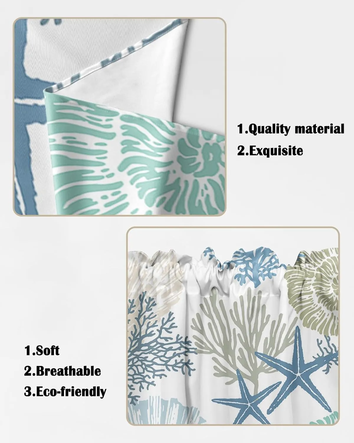 Swag Curtain,Ocean Theme Coral Shell Starfish Kitchen Valances Rod Pocket Curtains Tier Pair Swag Topper,Teal Blue Marine Sealife 2 Panels Window Treatment for Bathroom Living Room Bedroom