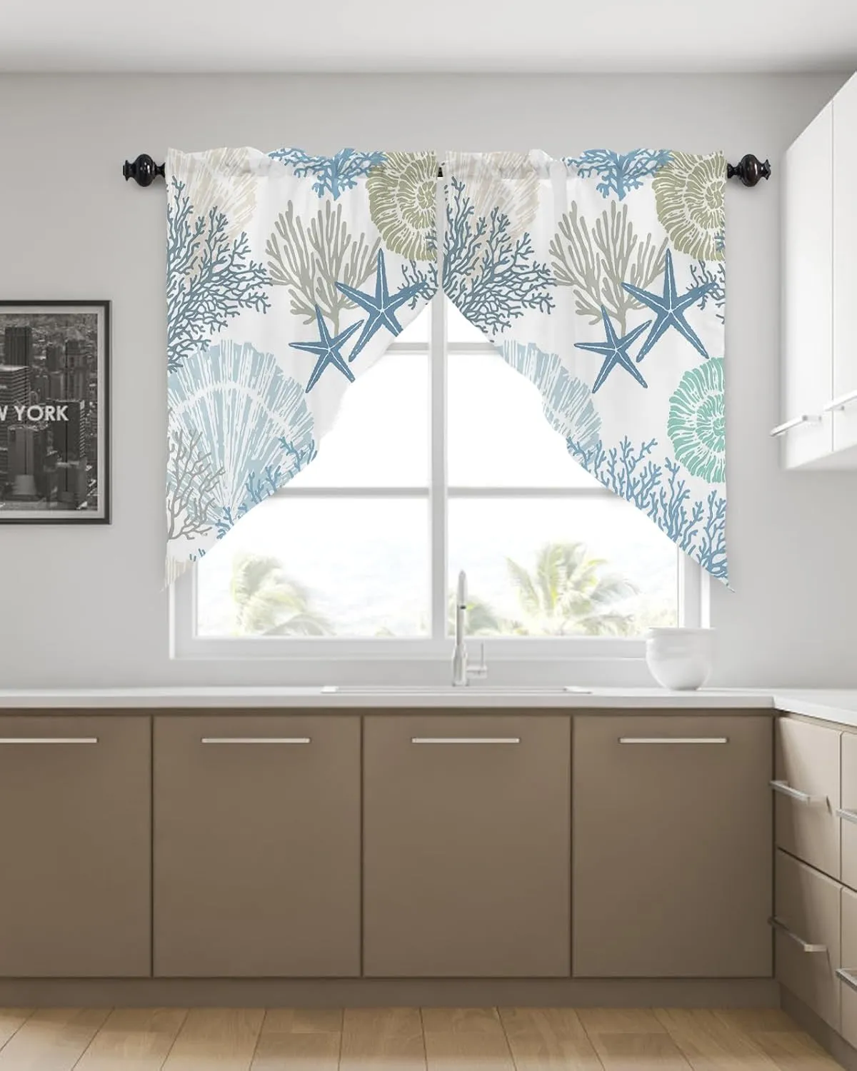 Swag Curtain,Ocean Theme Coral Shell Starfish Kitchen Valances Rod Pocket Curtains Tier Pair Swag Topper,Teal Blue Marine Sealife 2 Panels Window Treatment for Bathroom Living Room Bedroom