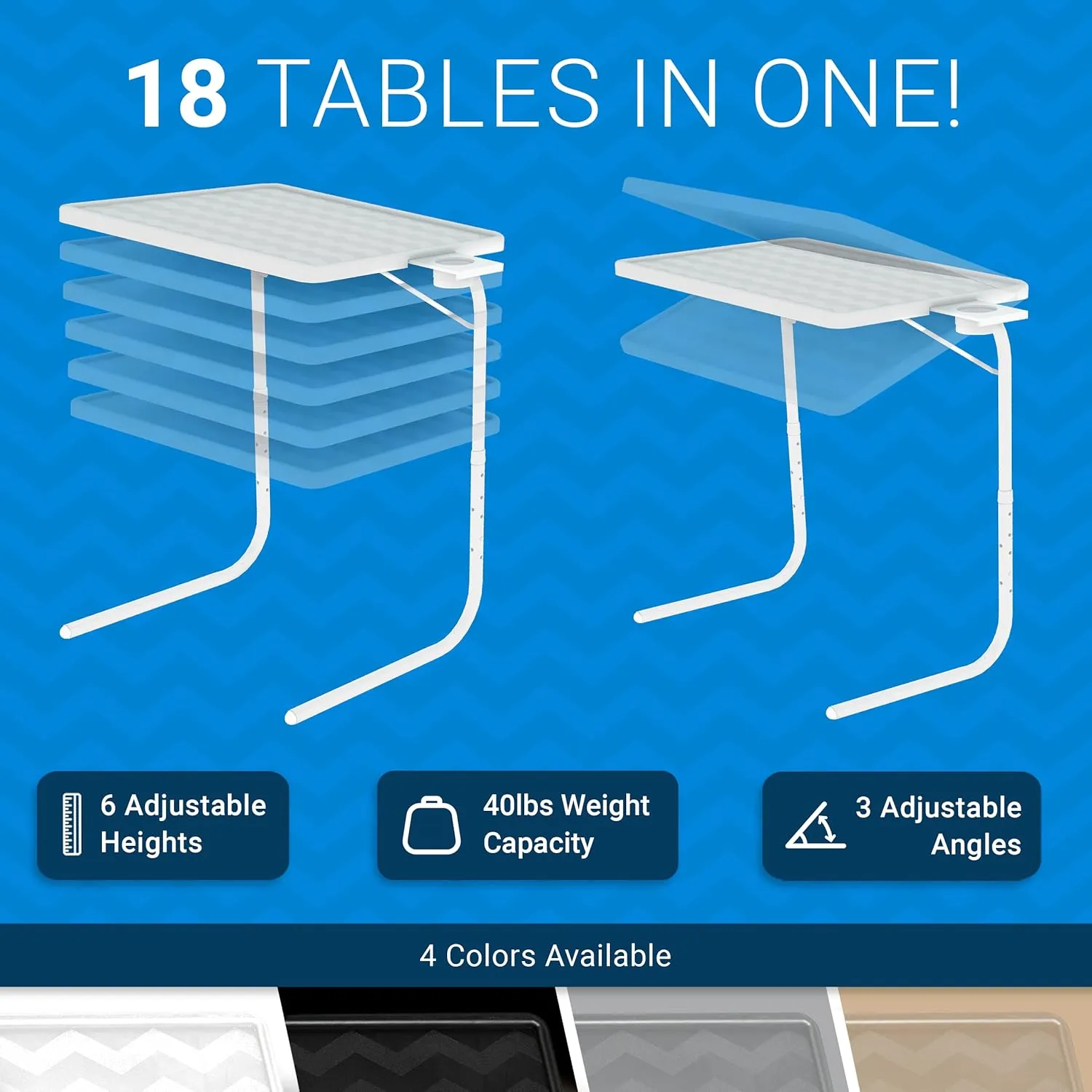 Table-Mate II TV Tray - Folding Dinner Table, Couch Trays for Eating Snack Food, Stowaway Laptop Stand, Portable Bed Adjustable with 3 Angles, Cup Holder, Silver