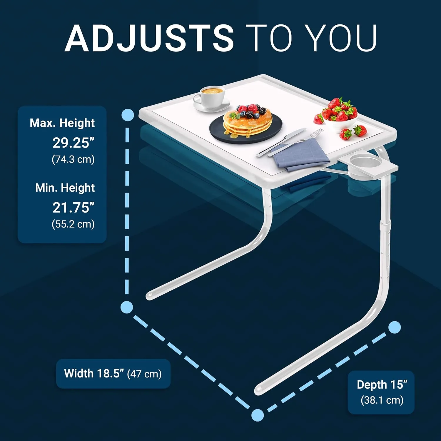 Table-Mate II TV Tray - Folding Dinner Table, Couch Trays for Eating Snack Food, Stowaway Laptop Stand, Portable Bed Adjustable with 3 Angles, Cup Holder, Silver