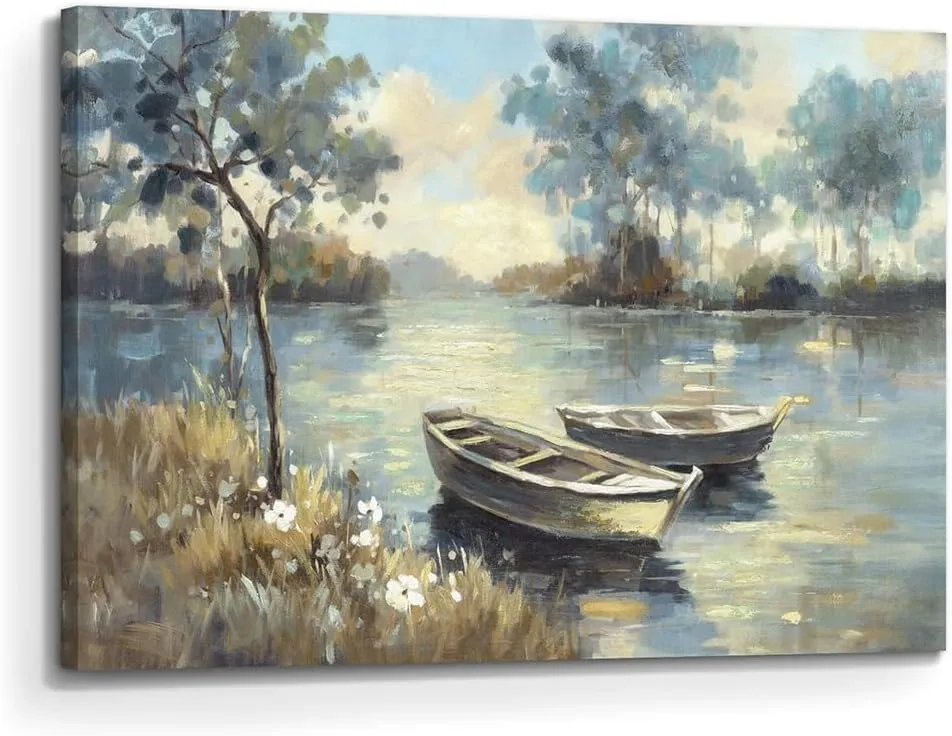 the stream design Lake Landscape Wall Art Canvas: Nature Boat Scene Painting Picture Hand Painted Print Artwork Bedroom Living Room Decor