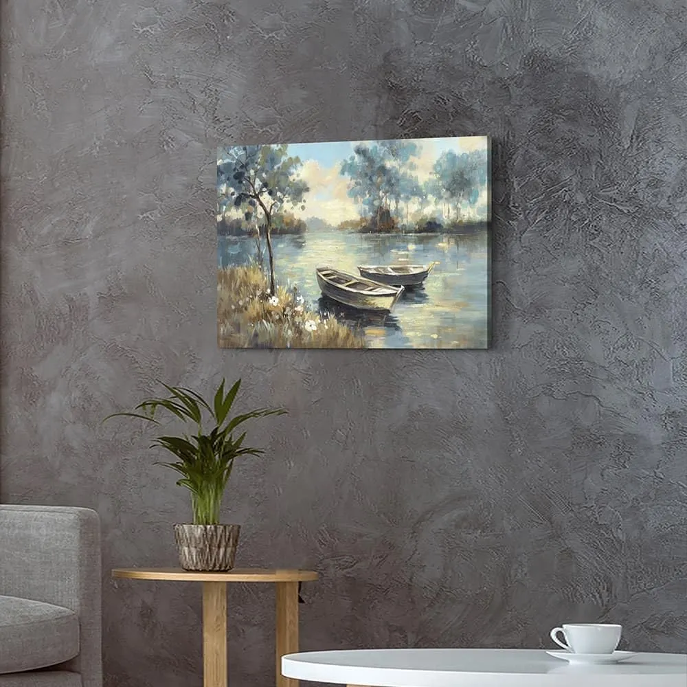the stream design Lake Landscape Wall Art Canvas: Nature Boat Scene Painting Picture Hand Painted Print Artwork Bedroom Living Room Decor