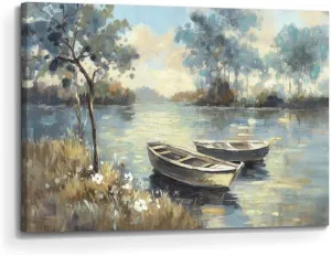 the stream design Lake Landscape Wall Art Canvas: Nature Boat Scene Painting Picture Hand Painted Print Artwork Bedroom Living Room Decor
