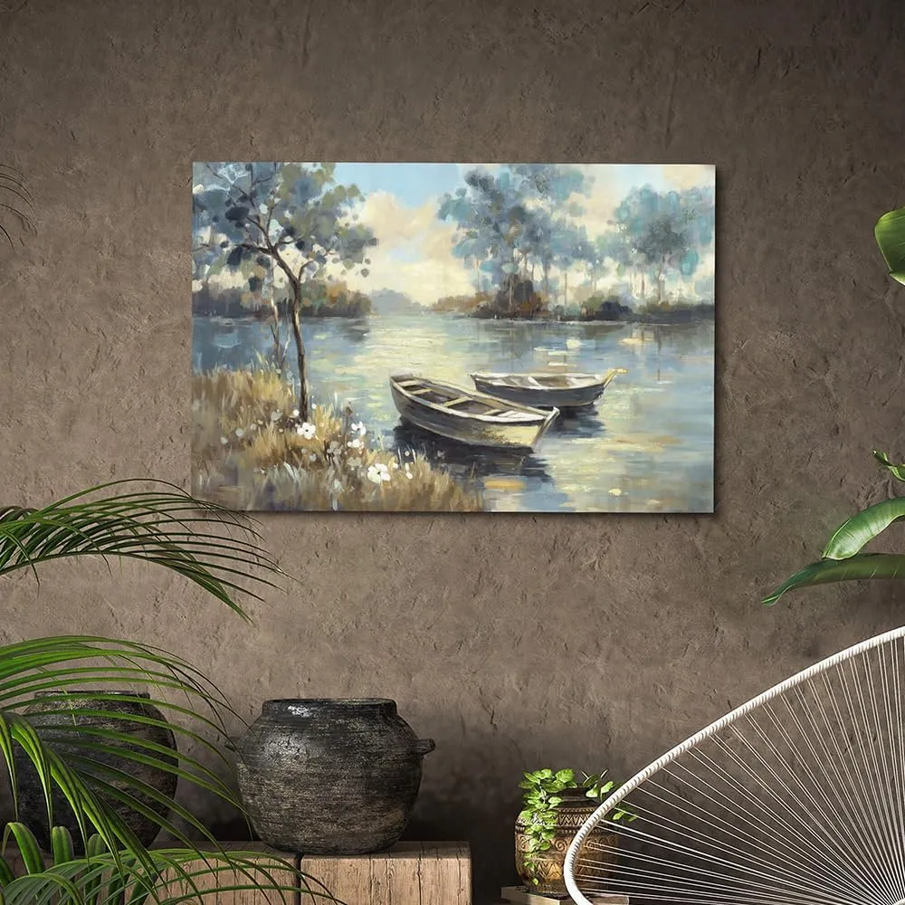 the stream design Lake Landscape Wall Art Canvas: Nature Boat Scene Painting Picture Hand Painted Print Artwork Bedroom Living Room Decor