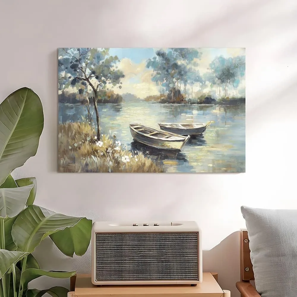 the stream design Lake Landscape Wall Art Canvas: Nature Boat Scene Painting Picture Hand Painted Print Artwork Bedroom Living Room Decor
