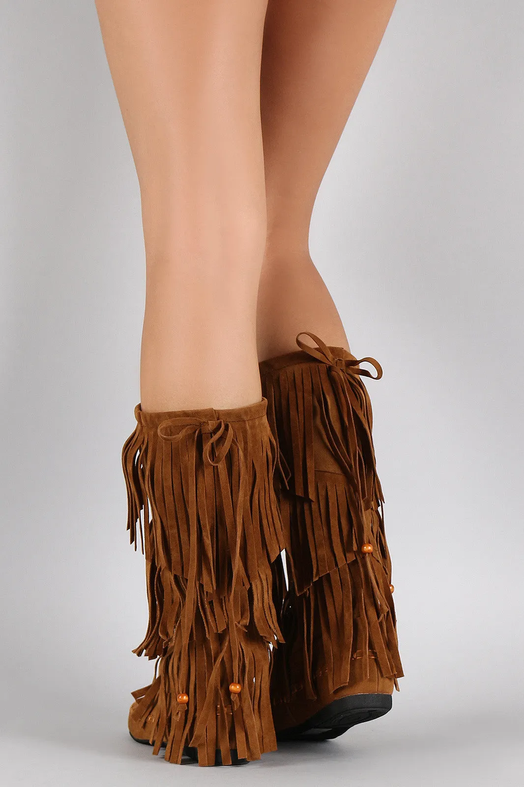 Tiers Flat Boots Bow of Attentive support Moccasin Bead Fringe Economical