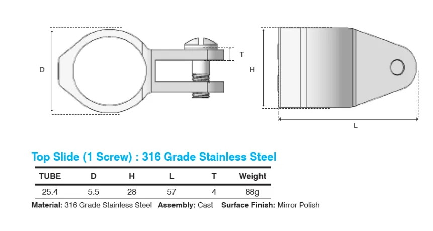 Top Slide With Screw Pin 1 Inch 316 SS