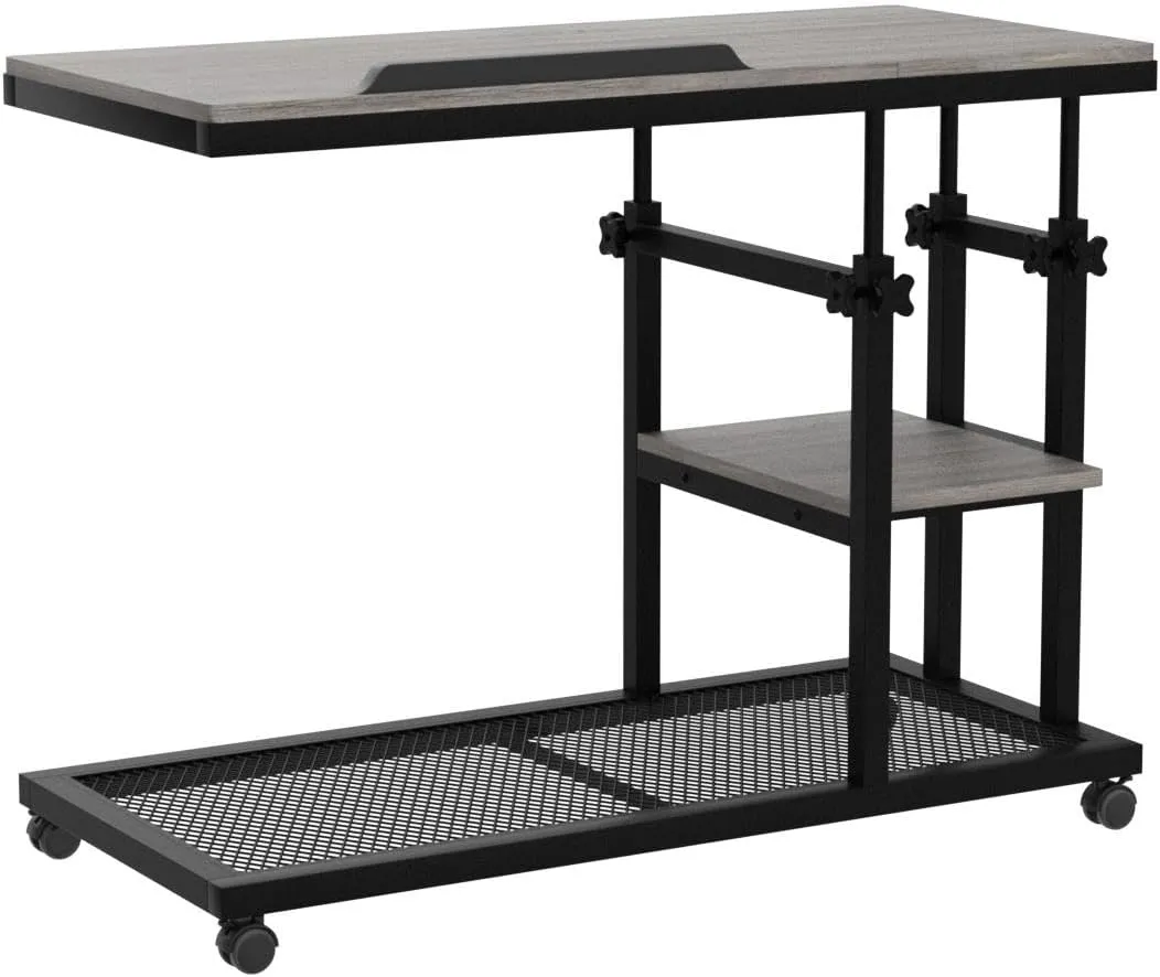 Tribesigns Height Adjustable C Table with Wheels, Mobile Couch Snack Side Table with Tiltable Drawing Board, Sofa Bedside Laptop Stand C Shaped TV Tray with Storage Shelves (Grey)