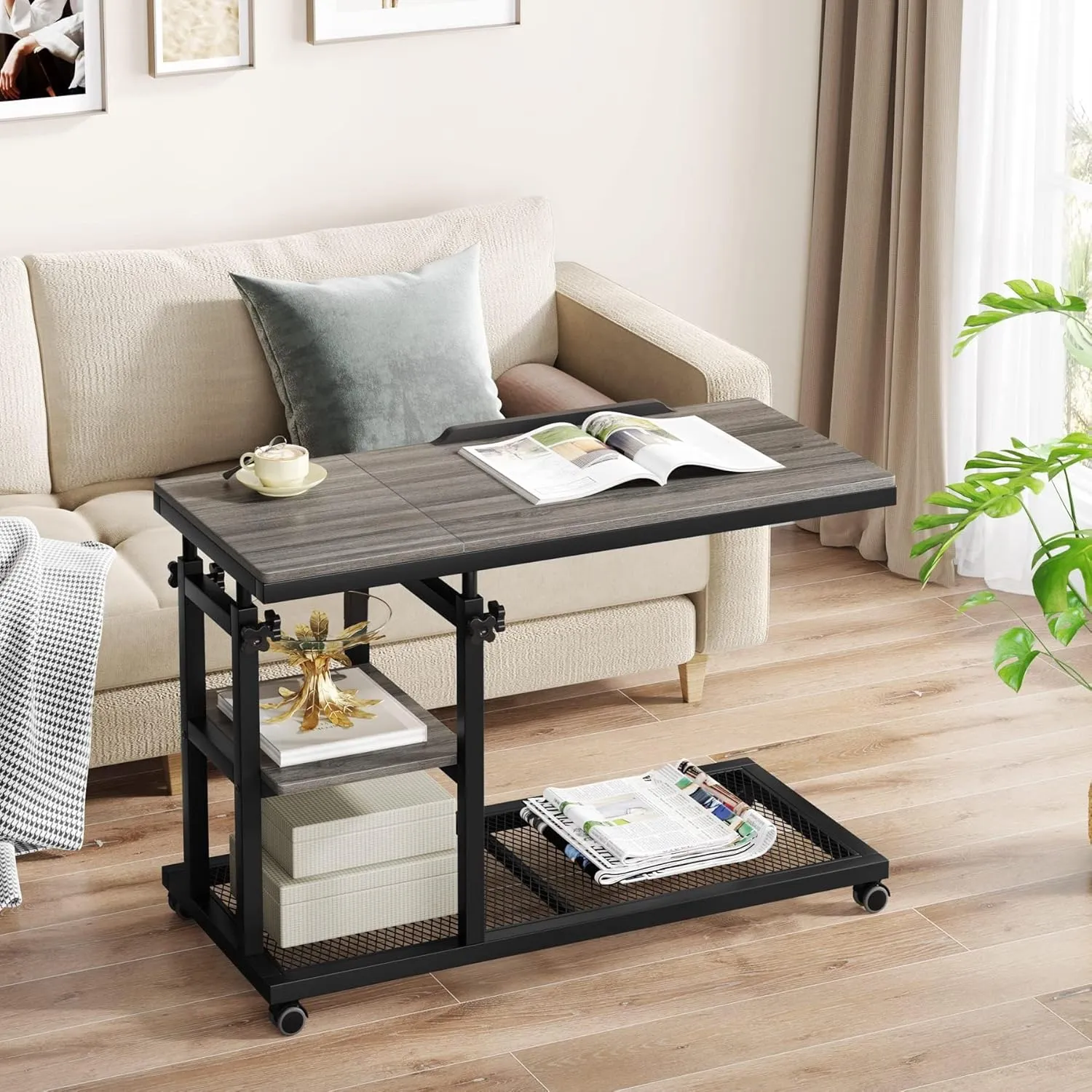 Tribesigns Height Adjustable C Table with Wheels, Mobile Couch Snack Side Table with Tiltable Drawing Board, Sofa Bedside Laptop Stand C Shaped TV Tray with Storage Shelves (Grey)