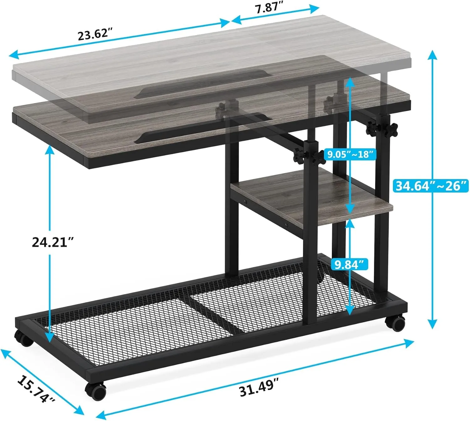 Tribesigns Height Adjustable C Table with Wheels, Mobile Couch Snack Side Table with Tiltable Drawing Board, Sofa Bedside Laptop Stand C Shaped TV Tray with Storage Shelves (Grey)