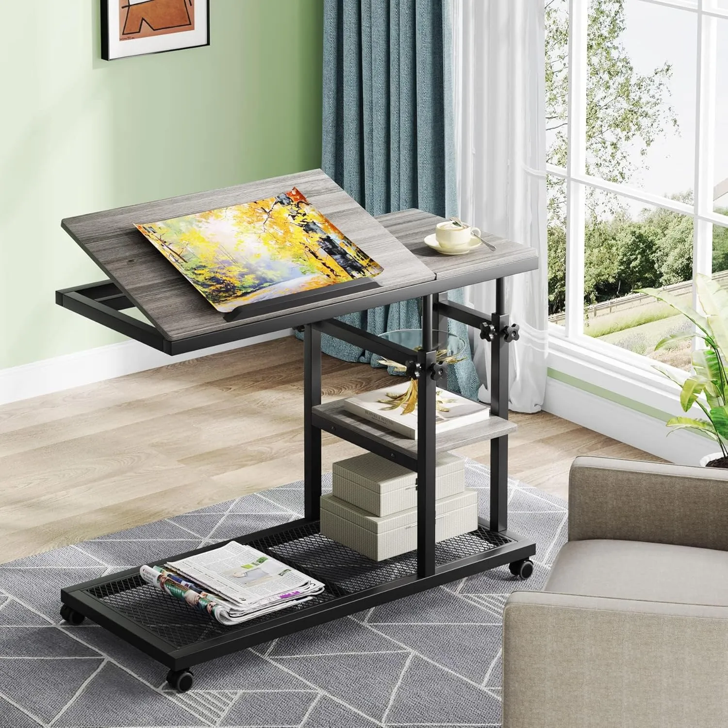 Tribesigns Height Adjustable C Table with Wheels, Mobile Couch Snack Side Table with Tiltable Drawing Board, Sofa Bedside Laptop Stand C Shaped TV Tray with Storage Shelves (Grey)