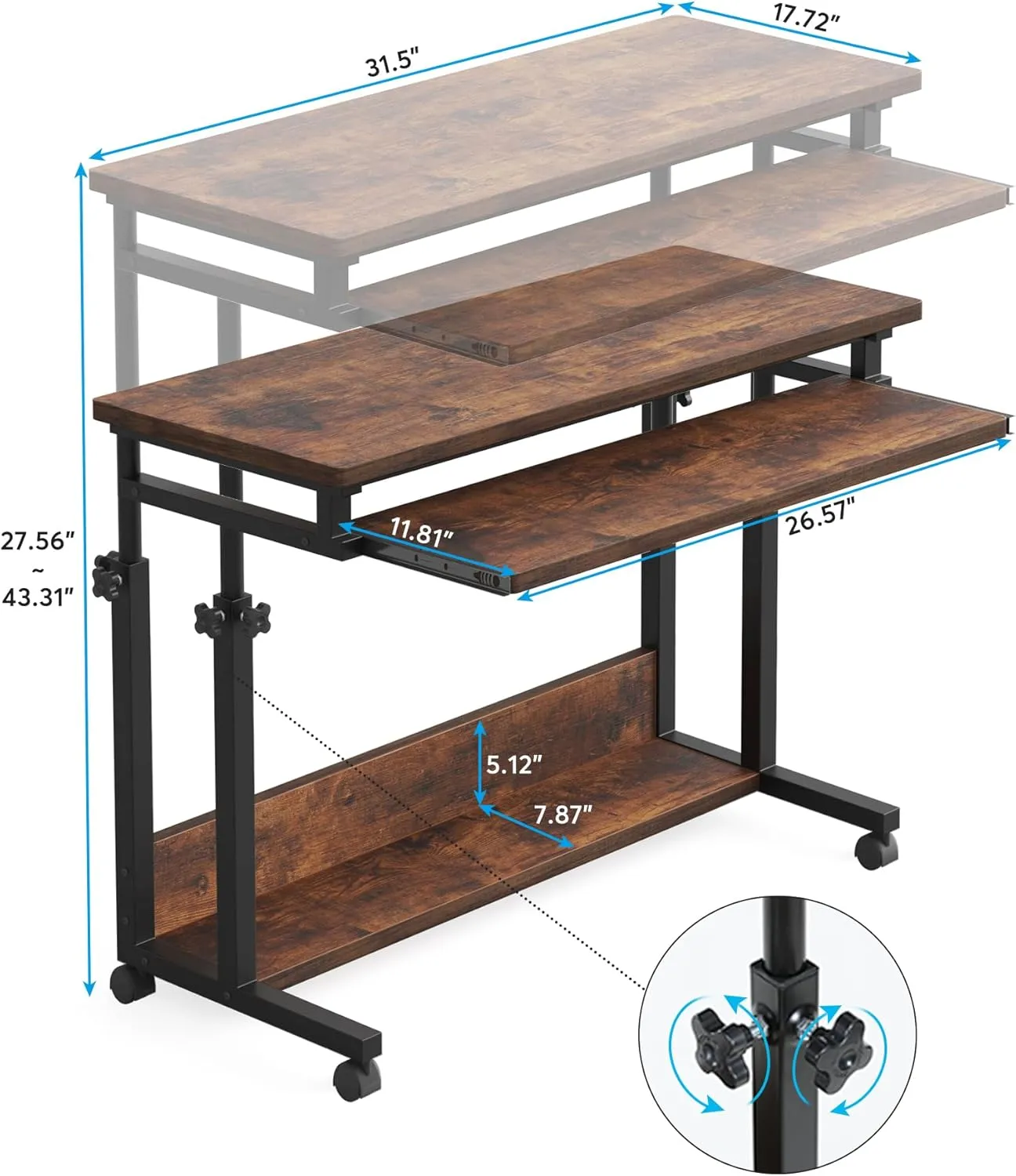 Tribesigns Portable Desk for Sofa and Bed, Height Adjustable Laptop Table Small Standing Desk Rolling Computer Cart with Keyboard Tray on Wheels for Home Office