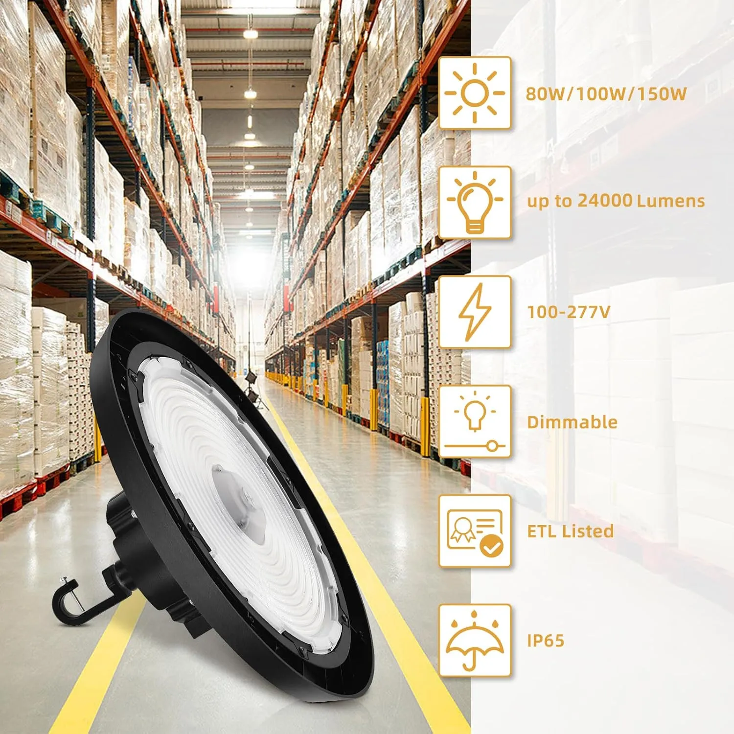 UFO LED High Bay Light, 150W/100W/80W, 5000K/4000K/3000K Adjustable, 24000Lumens, 0-10V Dimmable, Super Bright LED Shop Light, AC100-277V, IP65 Commercial Bay Lighting for Garage Warehouse, 6 PACK