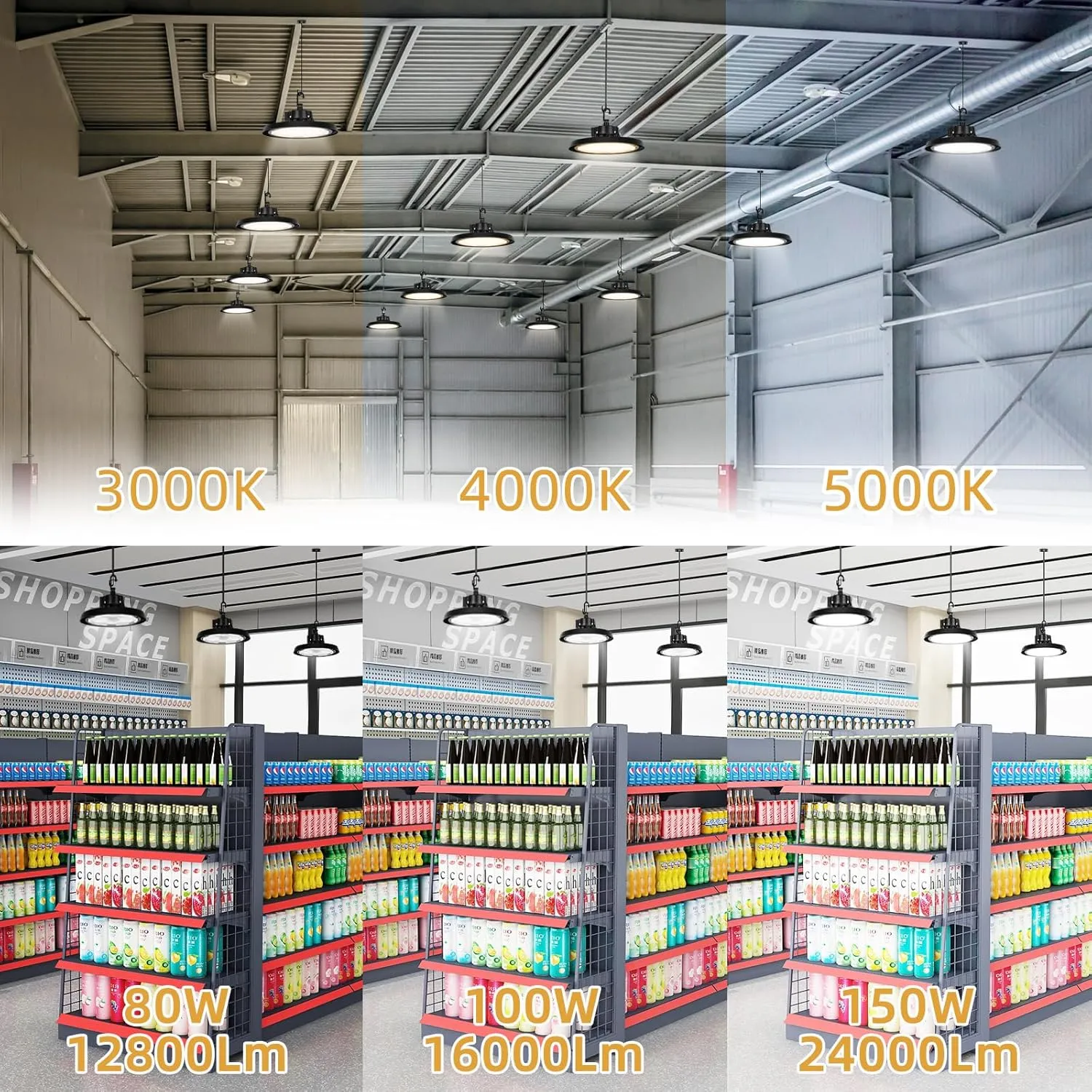 UFO LED High Bay Light, 150W/100W/80W, 5000K/4000K/3000K Adjustable, 24000Lumens, 0-10V Dimmable, Super Bright LED Shop Light, AC100-277V, IP65 Commercial Bay Lighting for Garage Warehouse, 6 PACK
