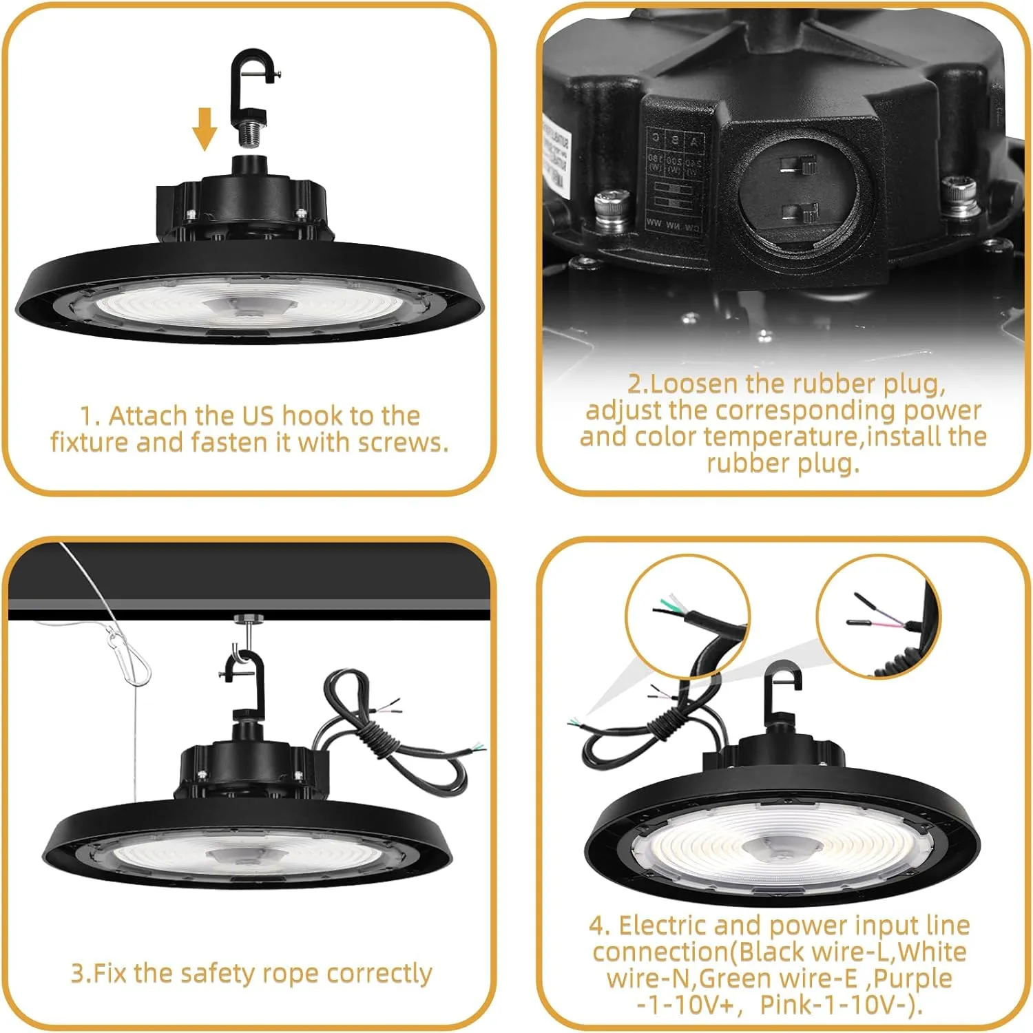 UFO LED High Bay Light, 150W/100W/80W, 5000K/4000K/3000K Adjustable, 24000Lumens, 0-10V Dimmable, Super Bright LED Shop Light, AC100-277V, IP65 Commercial Bay Lighting for Garage Warehouse, 6 PACK