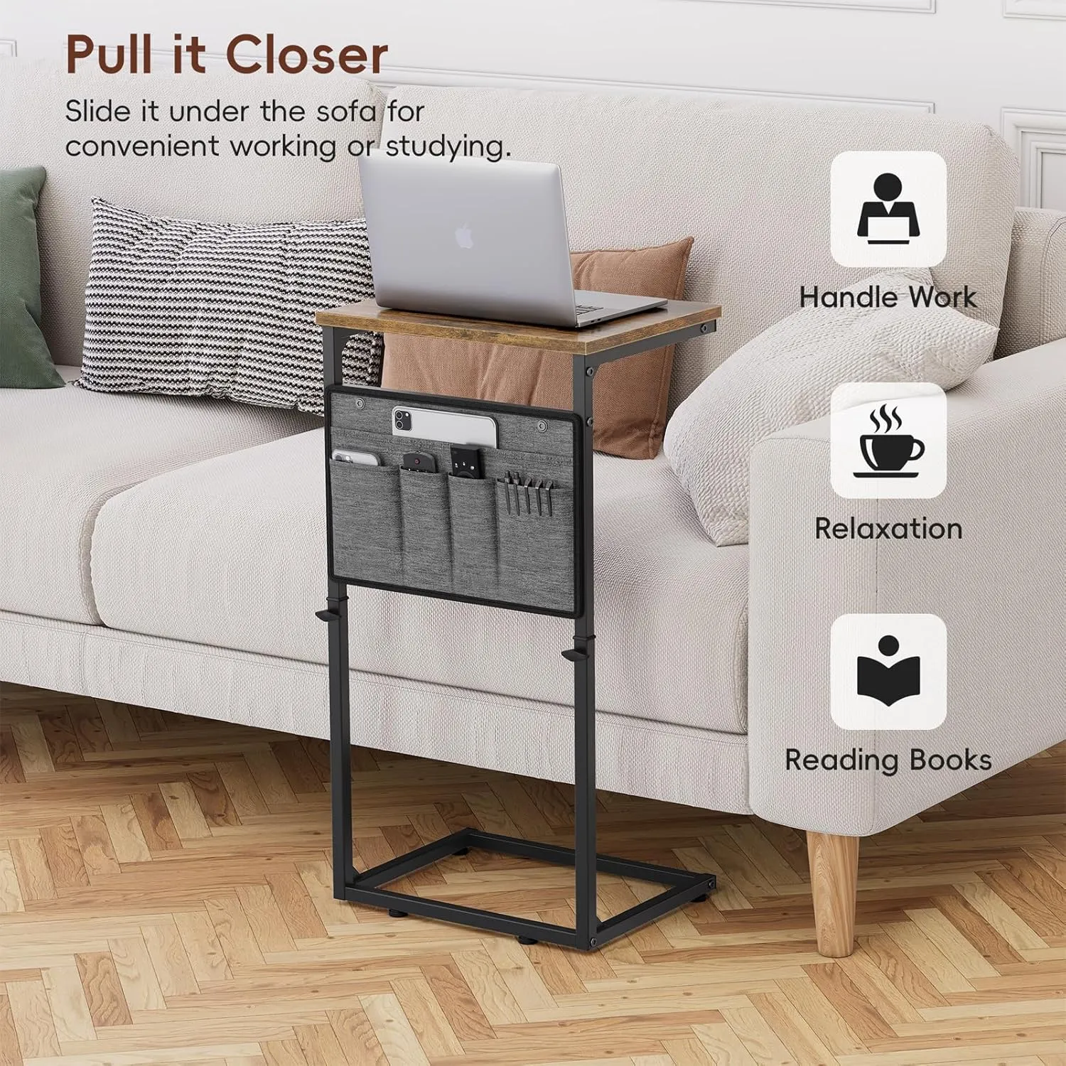 Vagusicc C Shaped End Table, 33'' Tall Side Table for Couch, Adjustable Height Small Couch Side Table for Small Spaces, End Table Slide Under Sofa Table TV Tray Table Arm Table for Living Room, Brown