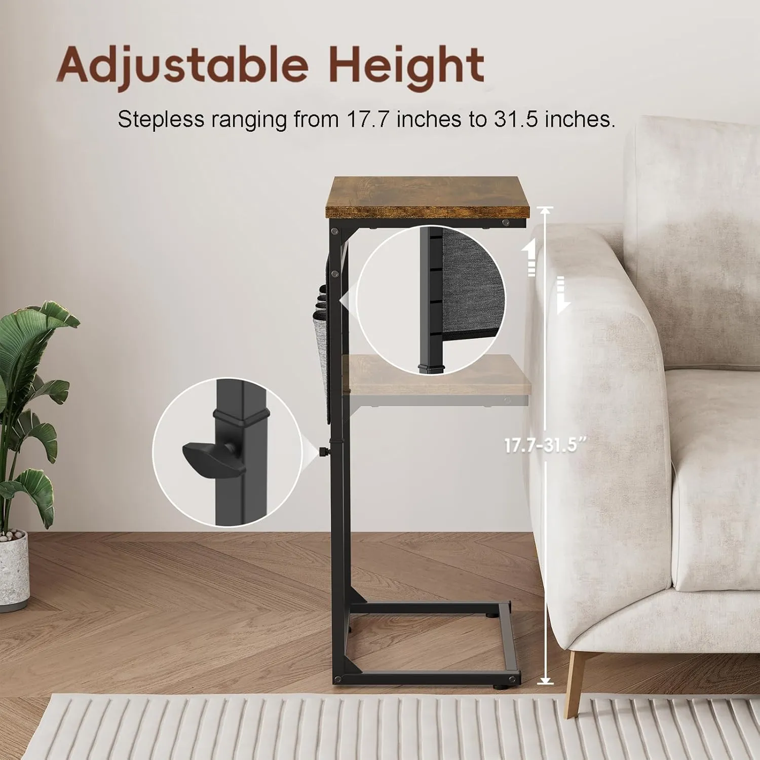 Vagusicc C Shaped End Table, 33'' Tall Side Table for Couch, Adjustable Height Small Couch Side Table for Small Spaces, End Table Slide Under Sofa Table TV Tray Table Arm Table for Living Room, Brown